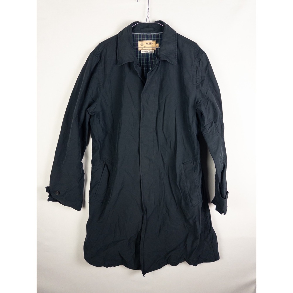 J Crew Sutherland Trench Coat Mens L Navy Plaid Lined Cotton Blend Overcoat